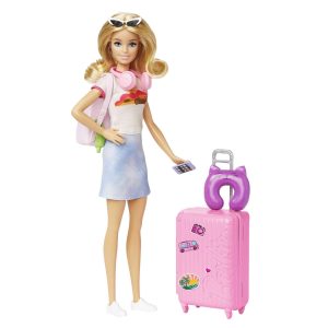 Trendy fashion doll with pink suitcase and accessories, ready for adventurous play and exploration.