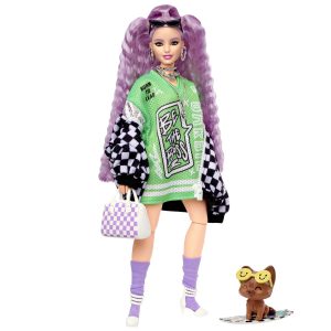 Trendy doll with purple curls, oversized jacket, and playful dog in stylish accessories.