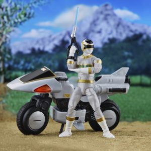 Futuristic hero with lightsaber beside advanced motorcycle in a vibrant mountain landscape.