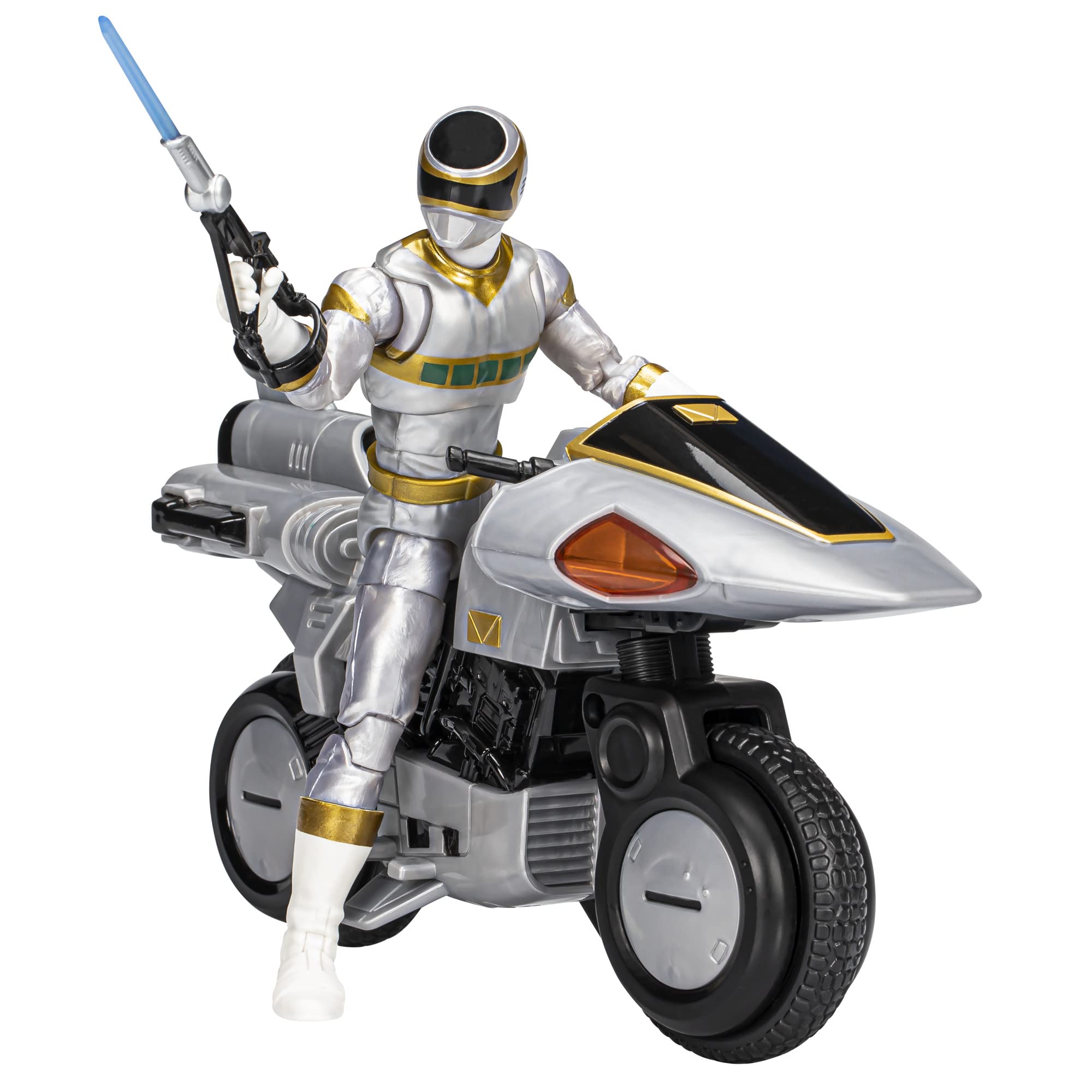 Futuristic hero in sleek suit rides high-tech motorcycle, ready for action with blue energy blaster.