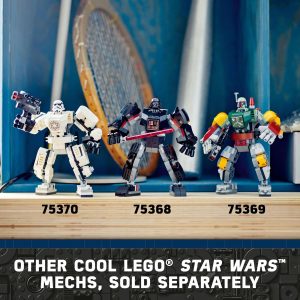 LEGO Star Wars mechs showcase unique designs: stormtrooper, Sith warrior, and bounty hunter figures.