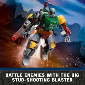 Heroic vibrant robot action figure with blaster in an imaginative alien landscape.