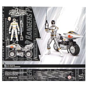 Silver Ranger action figure with motorcycle from In Space series, showcasing dynamic pose and sleek design.