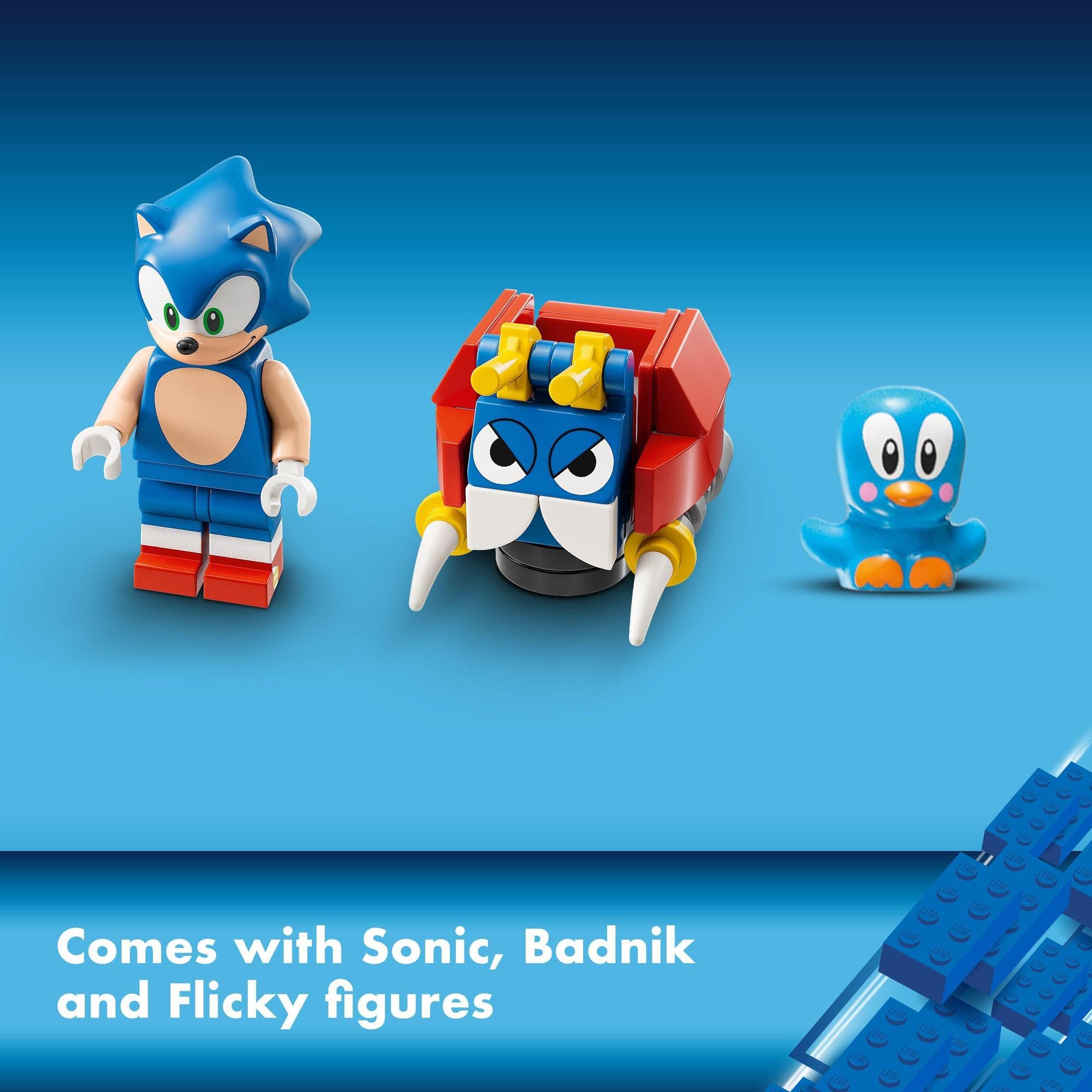 Sonic, Badnik, and Flicky collectible figures in a playful, vibrant toy set.