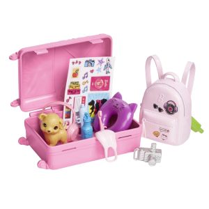 Bright pink adventure suitcase set with puppy, cosmetics, stickers, and a matching backpack for creative play.