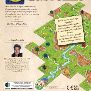 Carcassonne back cover showcases strategic tile placement in a vibrant medieval landscape.
