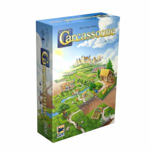 Vibrant Carcassonne box art showcases medieval landscapes, inviting players to strategic tile-laying adventures.