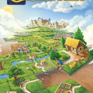 Carcassonne board game cover featuring a colorful medieval landscape and iconic tile-placement gameplay.