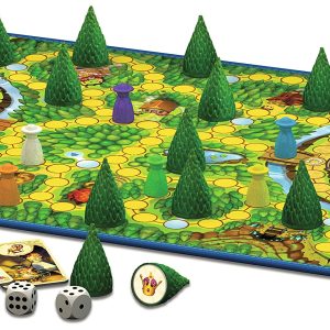 Vibrant board game setup with winding paths, whimsical trees, dice, and illustrated cards for family fun.