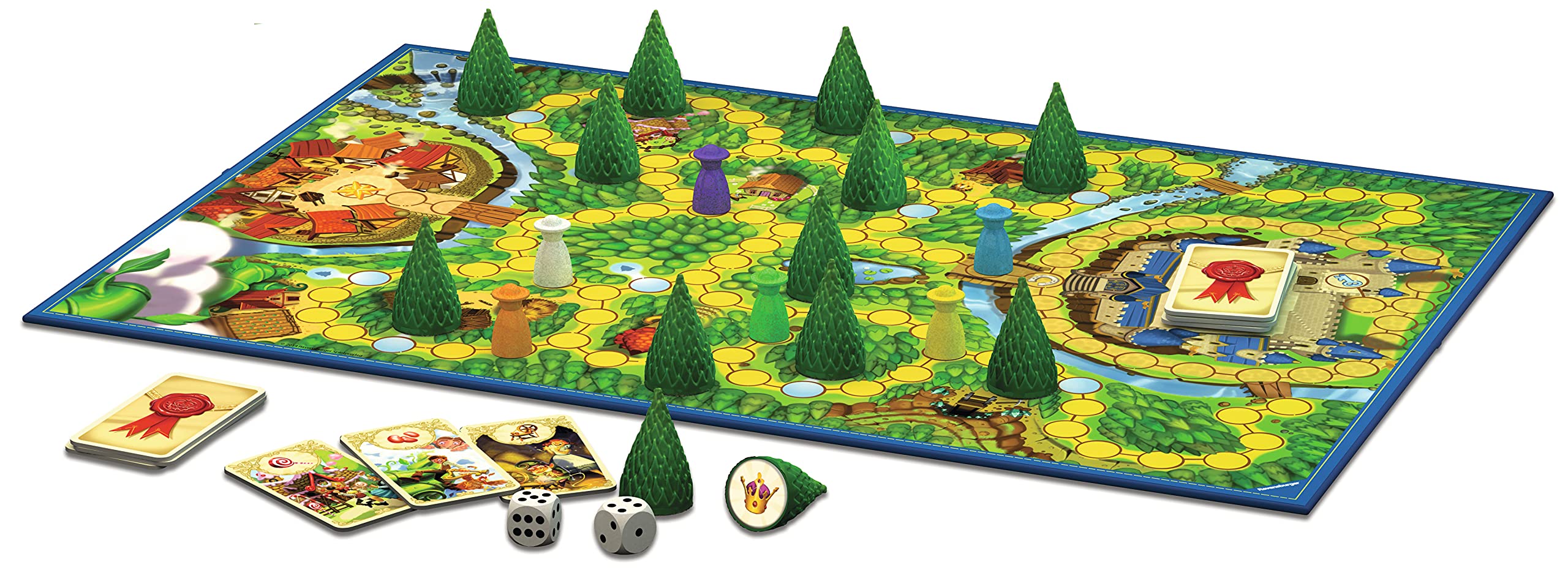 Vibrant board game setup with winding paths, whimsical trees, dice, and illustrated cards for family fun.