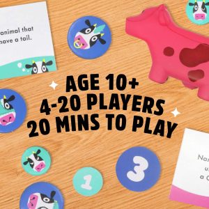 Colorful animal game featuring a pink cow and interactive tokens for family fun.