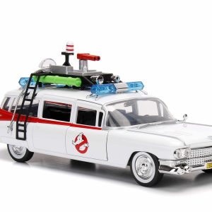 Ecto-1 Ghostbusters model car: iconic design, detailed features, perfect collectible for fans.