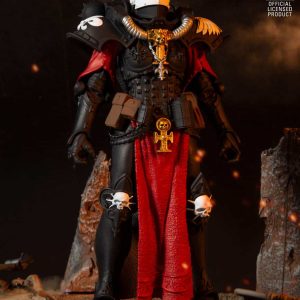 Futuristic warrior action figure in black and red armor, poised against a war-torn landscape.