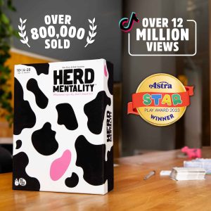 Herd Mentality board game packaging with playful cow spots, perfect for fun family game nights.