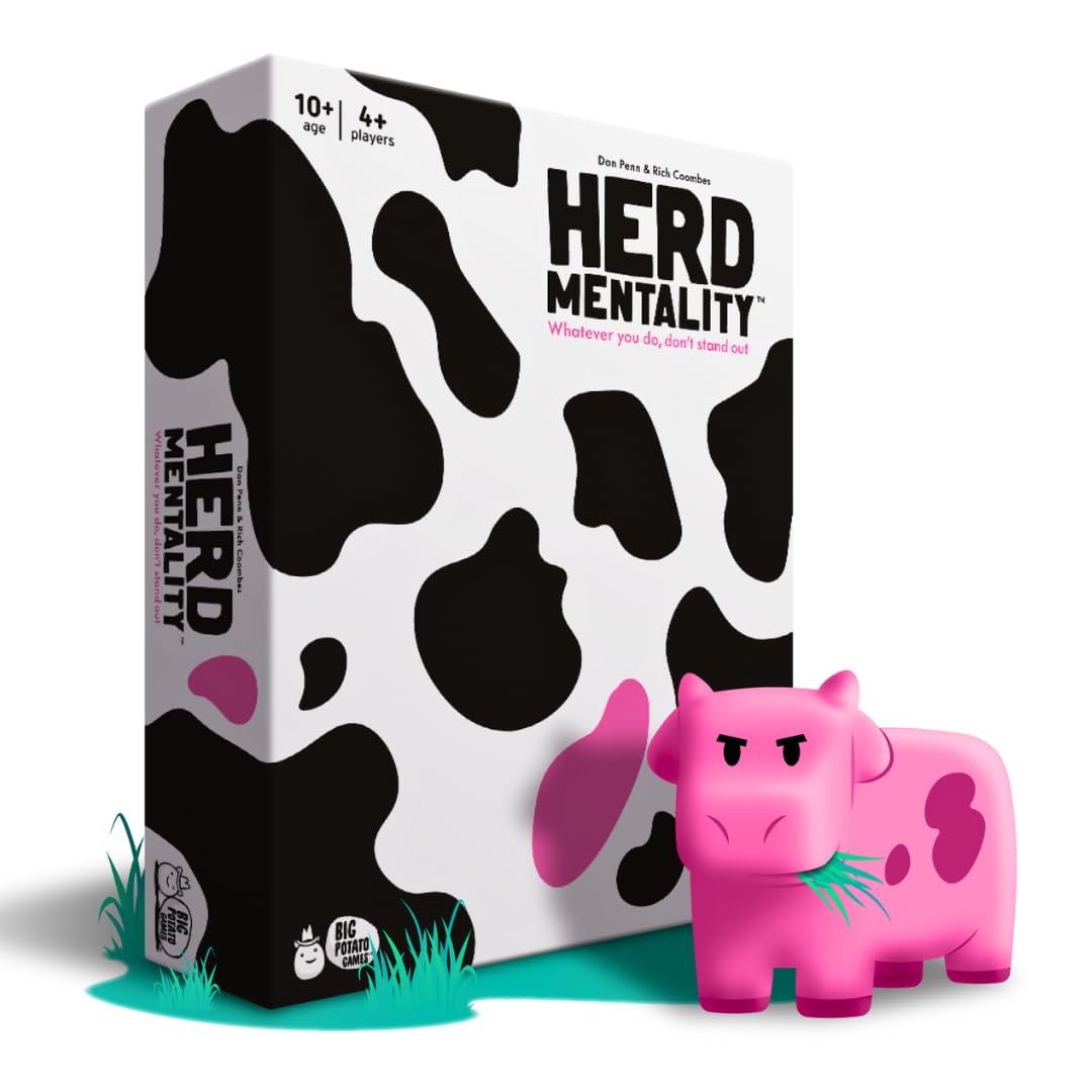 Herd Mentality board game: Fun family gameplay with vibrant cow-themed design and cute figurine.