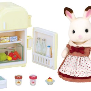 Charming pastel refrigerator and plush rabbit in a whimsical kitchen setting.
