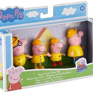 Peppa Pig Family Rainy Day Toy Set features colorful figurines in vibrant raincoats for imaginative play.