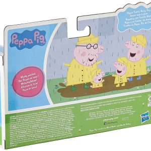 Peppa Pig, George, and Daddy Pig happily splash in muddy puddles on a rainy day.