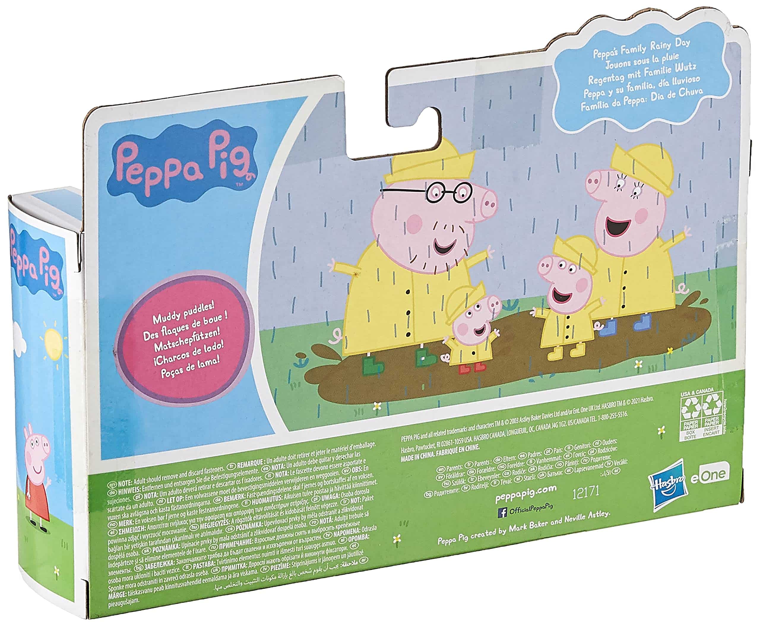 Peppa Pig, George, and Daddy Pig happily splash in muddy puddles on a rainy day.