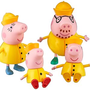 Playful Peppa Pig toy figures in yellow raincoats ready for outdoor adventures and imaginative fun.