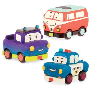 Colorful toy cars for kids: police car, purple truck, and red minivan for imaginative play.