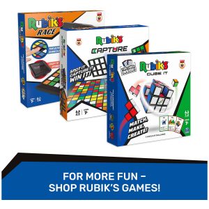 Exciting Rubiks games display featuring colorful boxes of Rubiks Race, Capture, and Cube It.