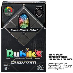 Sleek Rubiks Phantom Cube packaging: Touch, reveal, and solve with interactive features and challenge levels.