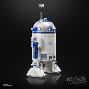 Sleek astromech droid design in white and blue, highlighted against a gradient background.