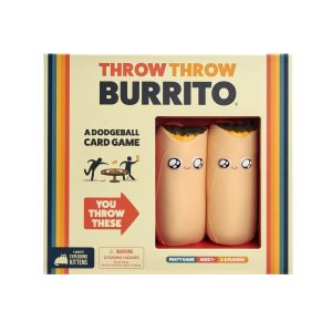 Colorful box art for Throw Throw Burrito, featuring plush dodgeball burritos and playful design.