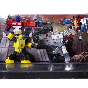 Transformers action figures in dynamic battle scene highlighting iconic characters and intense conflict.
