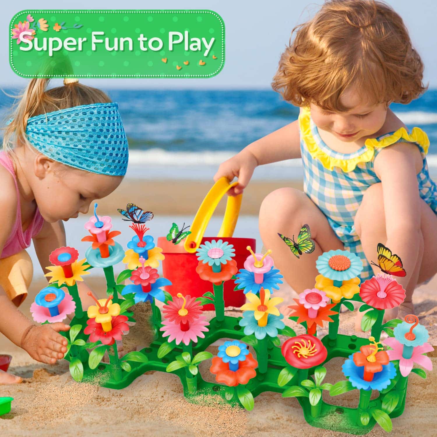 Children enjoy vibrant beach play with colorful plastic flowers and imaginative activities.