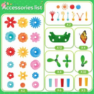 Vibrant crafting accessories for kids: flowers, lizards, propellers, and ribbons for creative play.