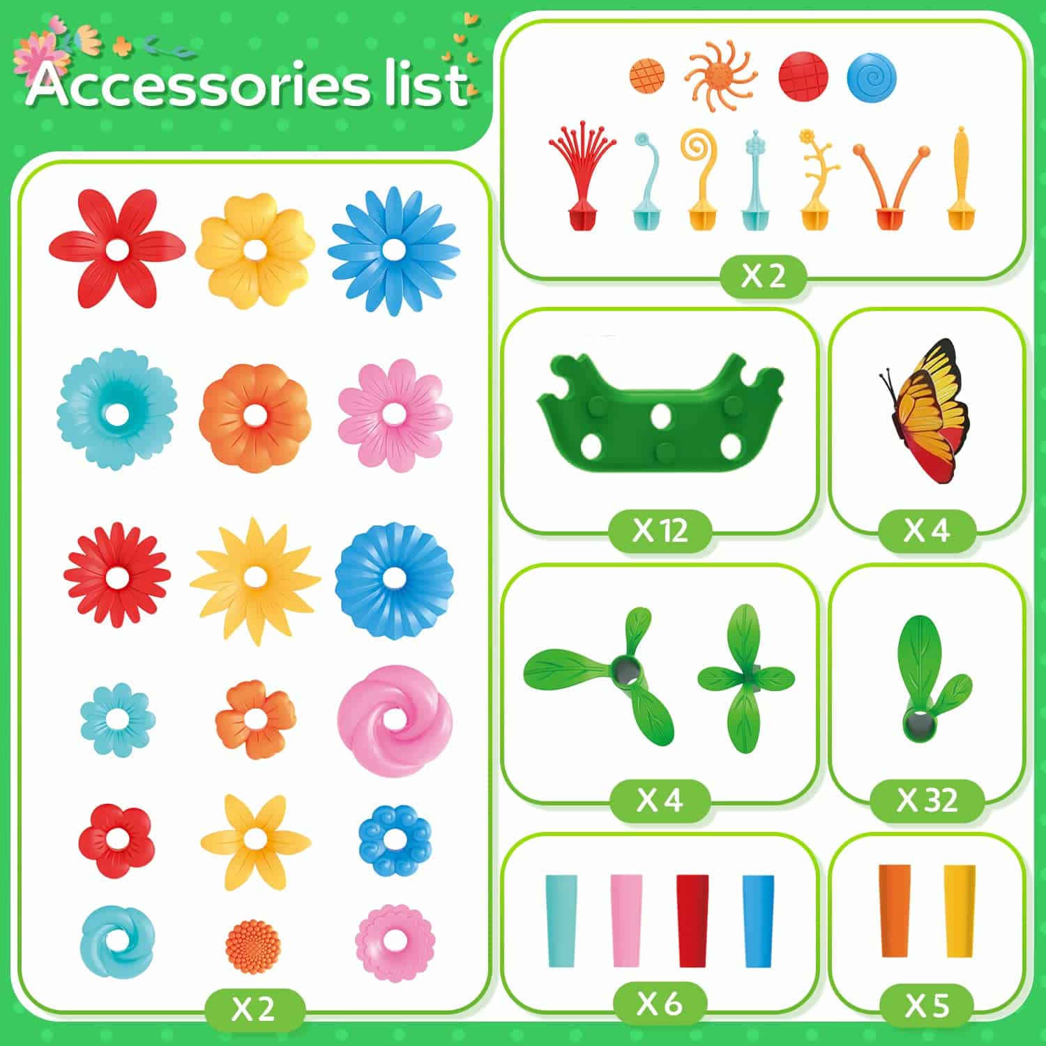 Vibrant crafting accessories for kids: flowers, lizards, propellers, and ribbons for creative play.