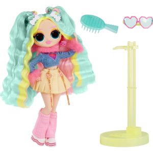 Vibrant doll with turquoise hair, stylish outfit, and fun accessories for imaginative play and display.