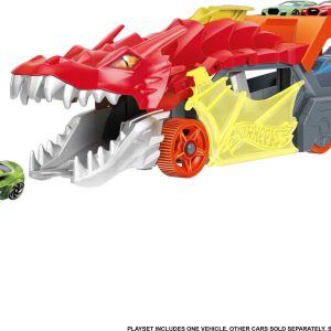 Colorful dragon vehicle playset with an interactive green car for imaginative adventures.