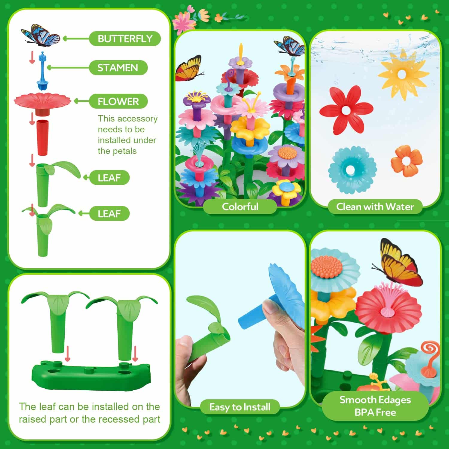 Colorful flower construction set for creative play, promoting imagination and fine motor skills.