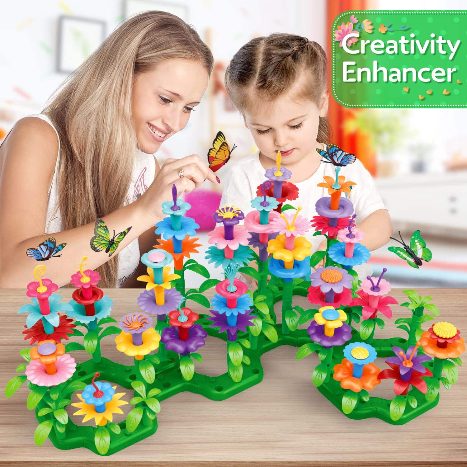Mother and daughter enjoying colorful flower toy playtime, enhancing creativity and fine motor skills.