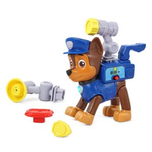 Interactive police dog toy with water cannon encourages imaginative play for children.