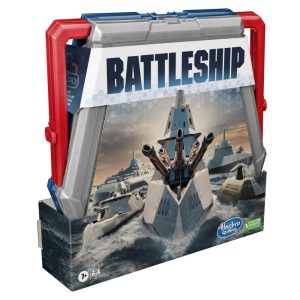 Vibrant BATTLESHIP game box featuring dynamic naval battle scene and portable design.