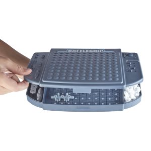 Classic Battleship portable game: interactive design, compact gray board, strategic naval combat.