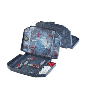 Battleship game board with nautical theme, featuring pegs for tracking hits and misses.