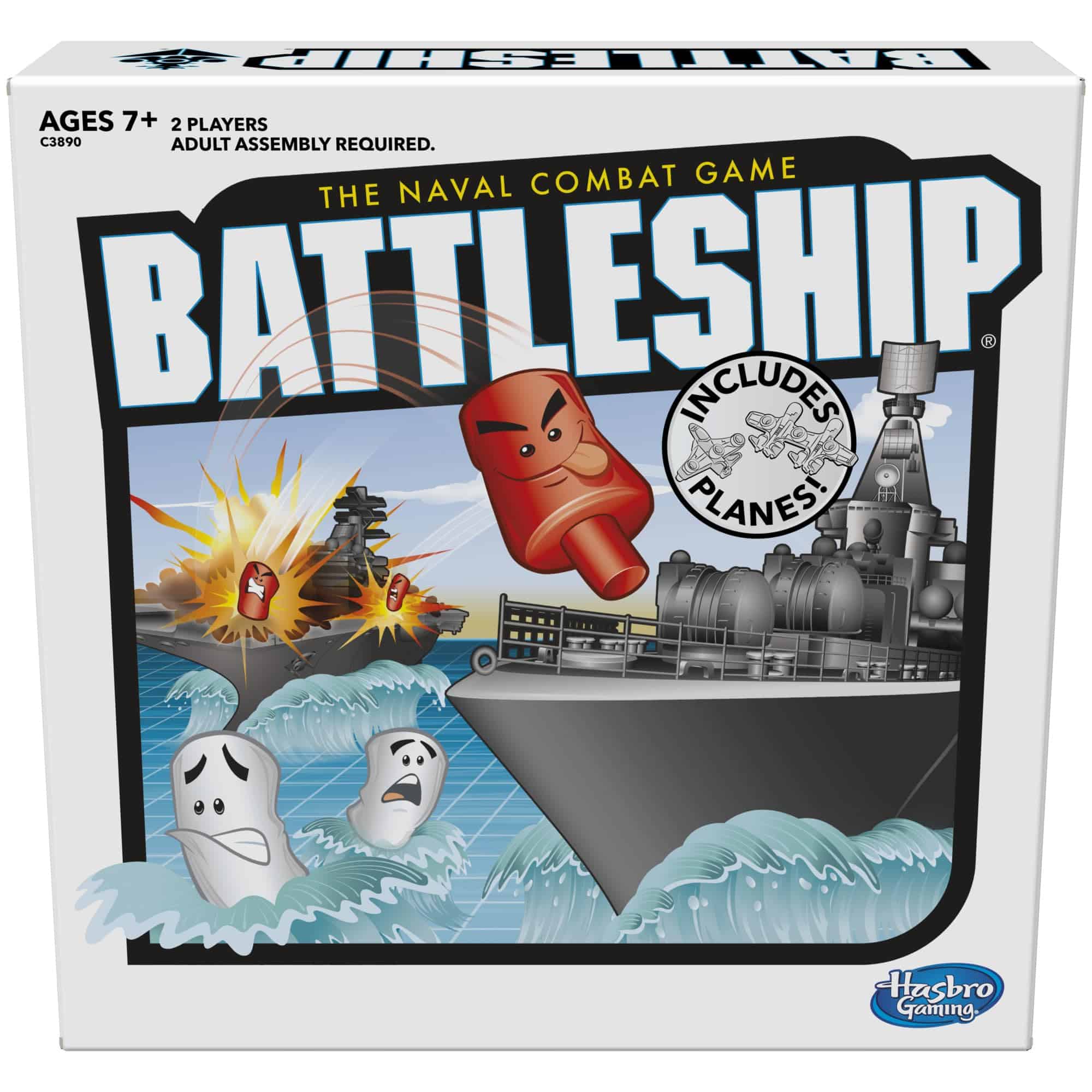 Dynamic BATTLESHIP cover art showcasing naval combat and strategy for two players.