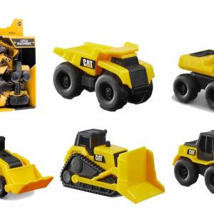 Vibrant Caterpillar construction toy vehicles for kids: bulldozer, excavator, and dump truck.