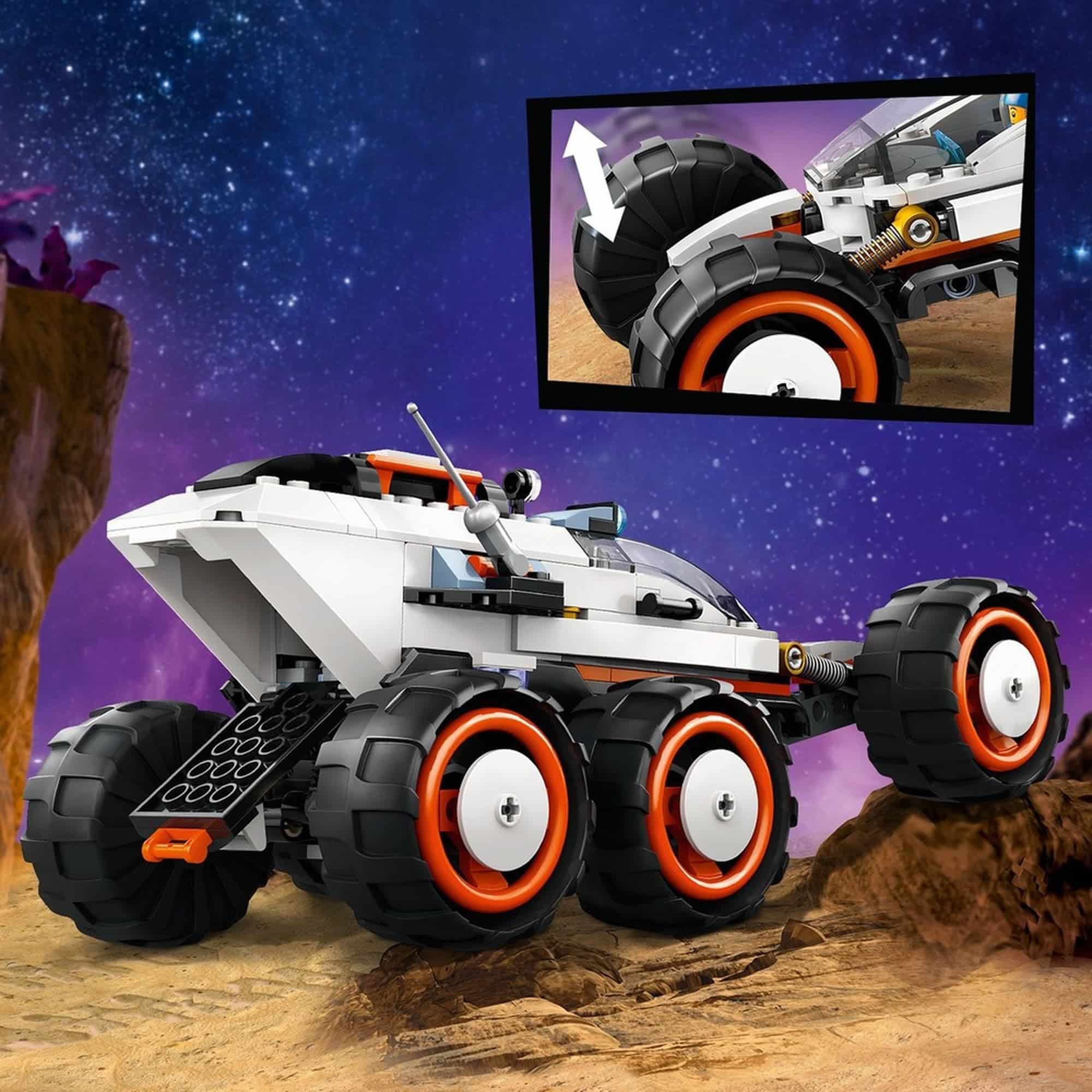 Modular white exploration vehicle with orange accents set against a starry purple sky.