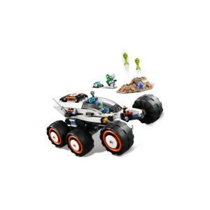 Futuristic vehicle adventure featuring playful aliens amidst colorful terrain for imaginative exploration.