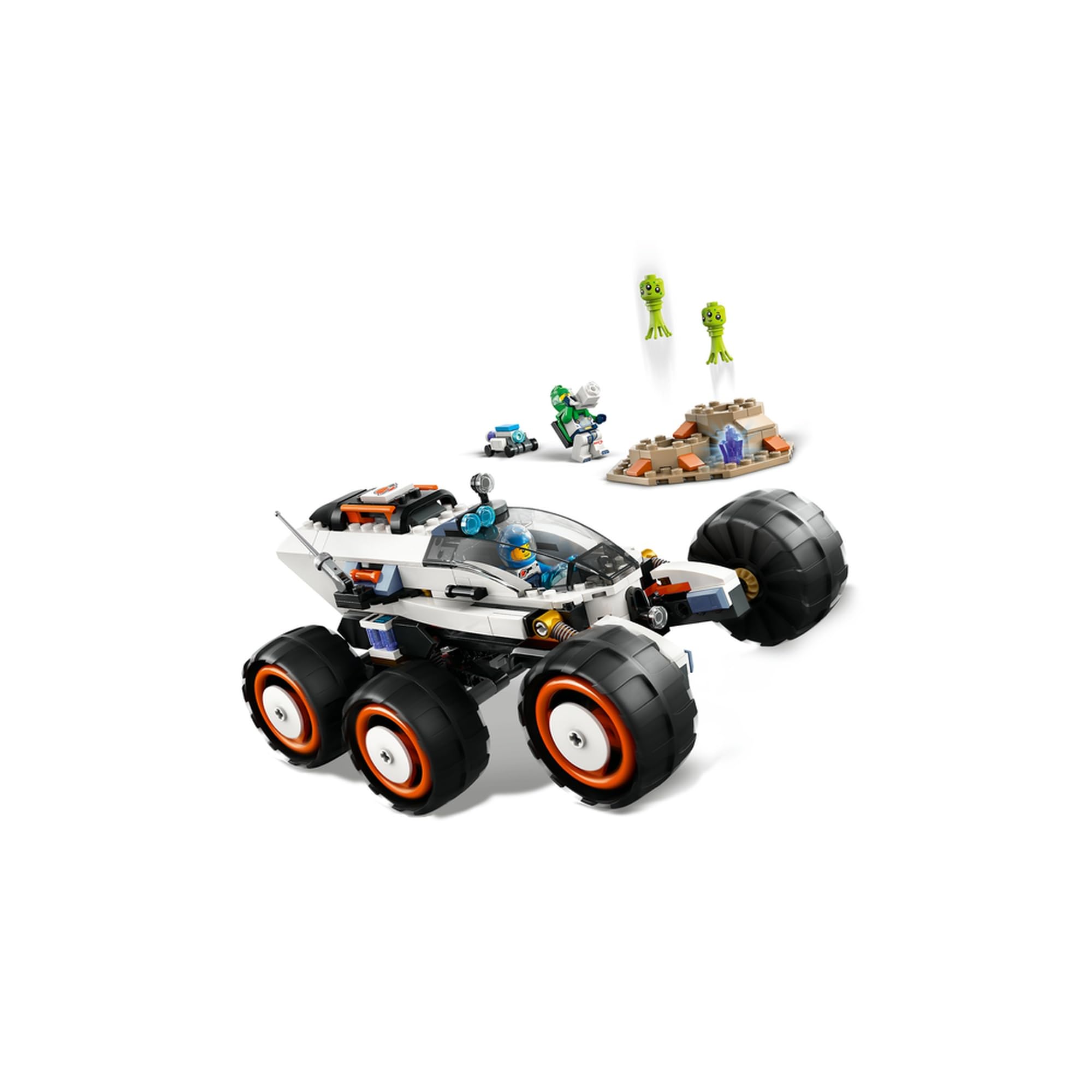 Futuristic vehicle adventure featuring playful aliens amidst colorful terrain for imaginative exploration.