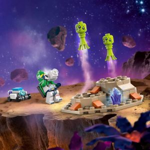 Colorful Lego figure explores a whimsical alien landscape with quirky aliens and a glowing crystal.