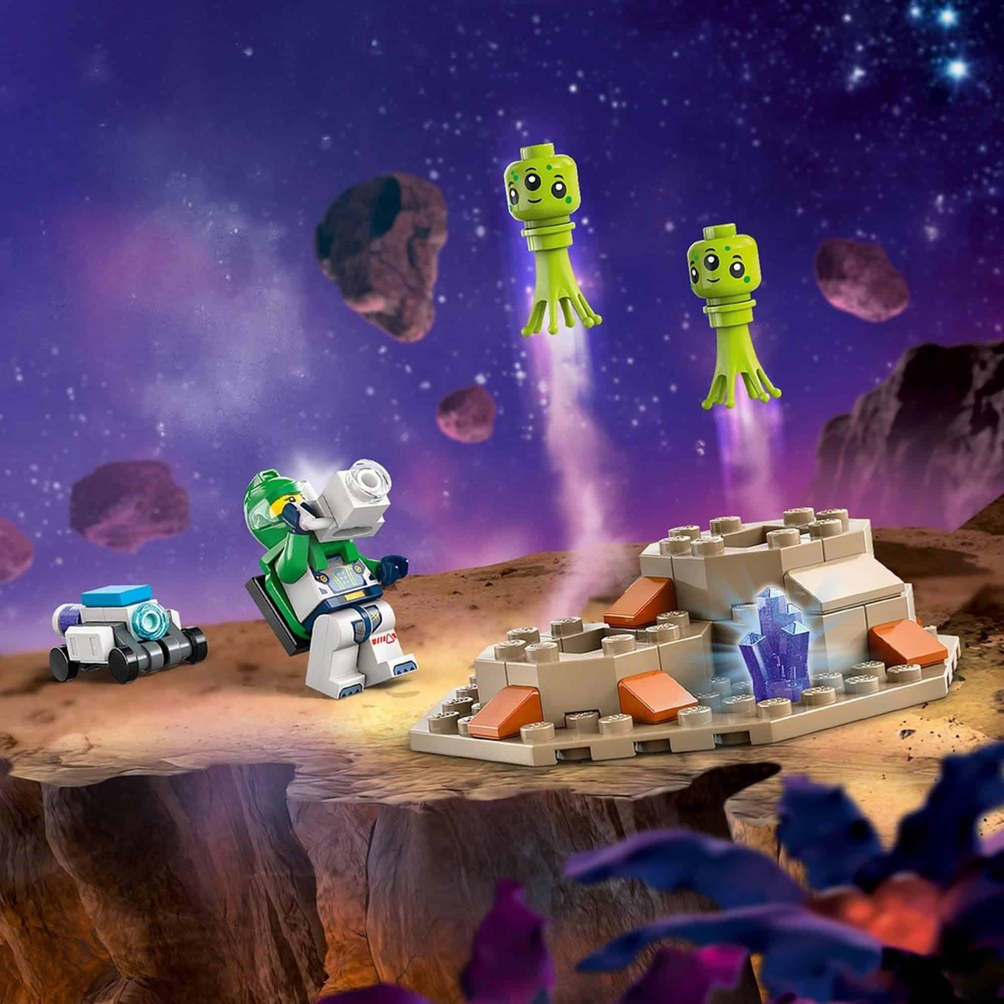 Colorful Lego figure explores a whimsical alien landscape with quirky aliens and a glowing crystal.