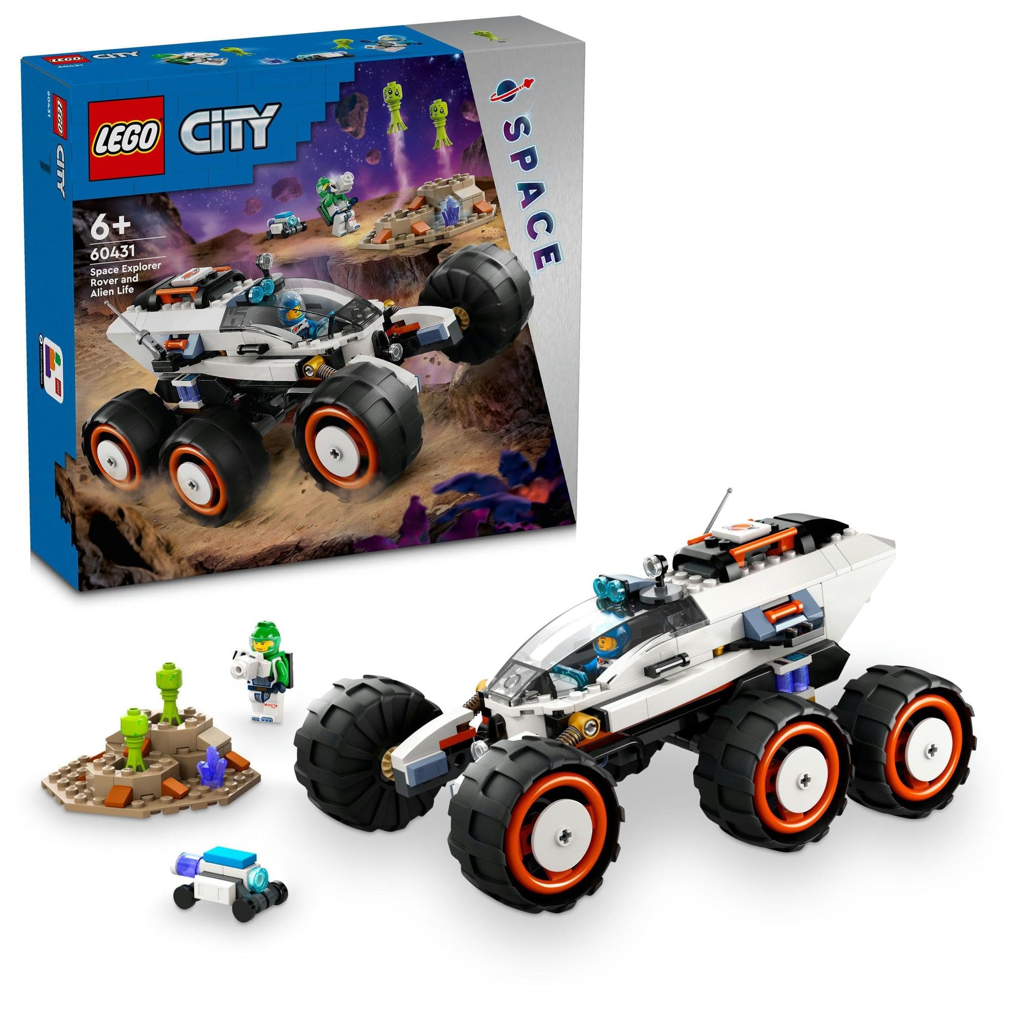LEGO City Space Lunar Rover set: Explore alien worlds with an astronaut and playful alien minifigure.