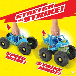 Vibrant blue monster truck toy offering Speed and Strike modes for interactive play fun.